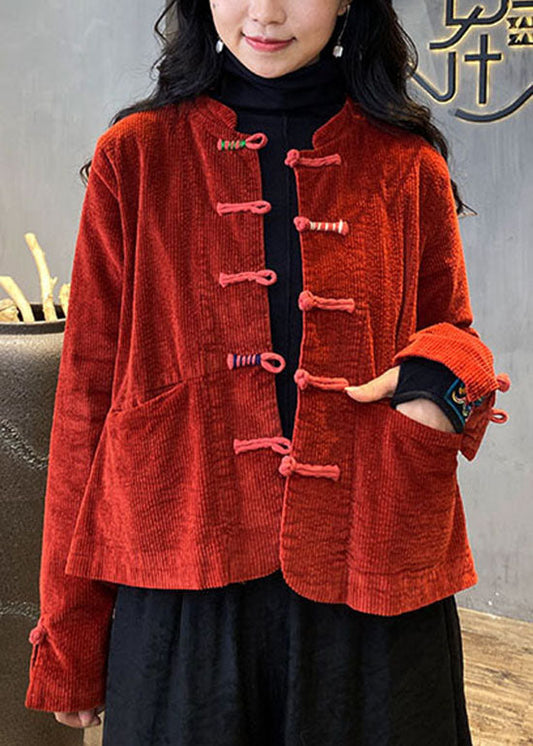 2022 Red button O-Neck pockets Corduroy Coats