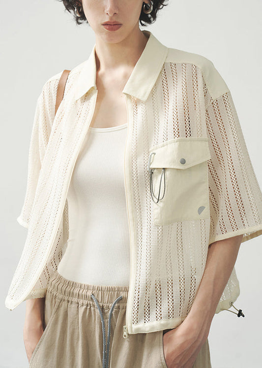 2025 Casual Beige Zippered Hollow Out Coat Short Sleeved