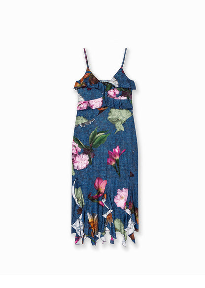 2025 New Blue Ruffled Print Cotton Spaghetti Strap Dress Summer