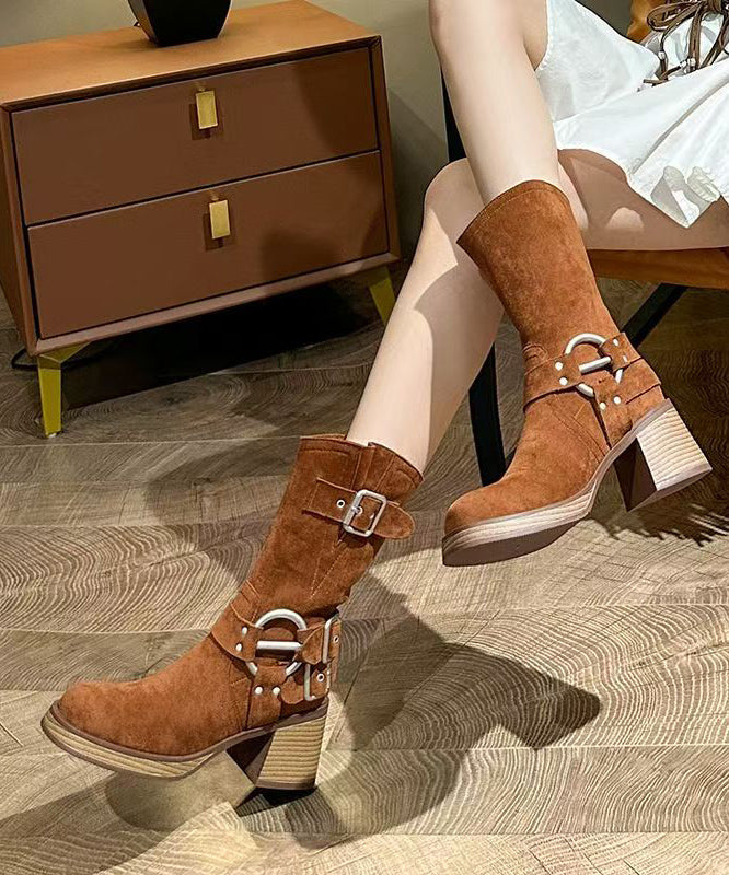 2025 Splicing Chunky Cowboy Boots Caramel Suede