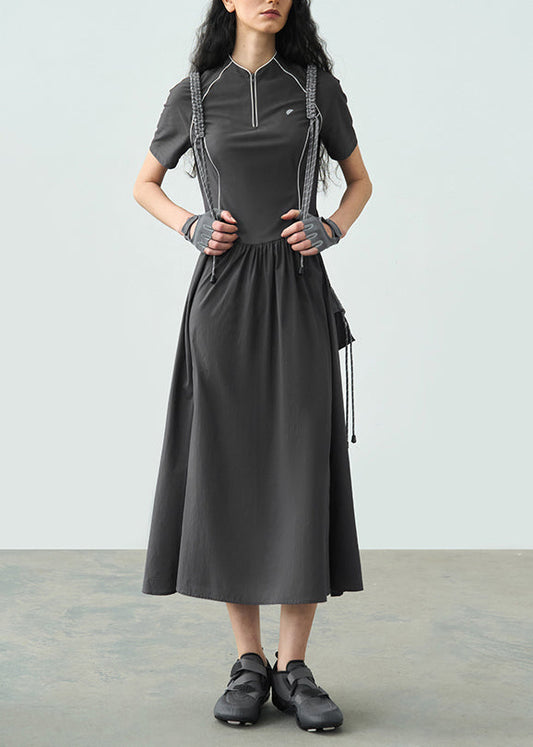 2025 Summer Dark Grey Stand Collar Wrinkled Splicing Dress