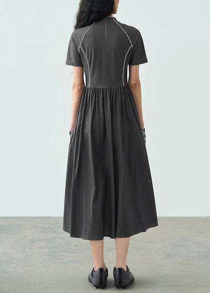 2025 Summer Dark Grey Stand Collar Wrinkled Splicing Dress