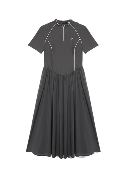 2025 Summer Dark Grey Stand Collar Wrinkled Splicing Dress
