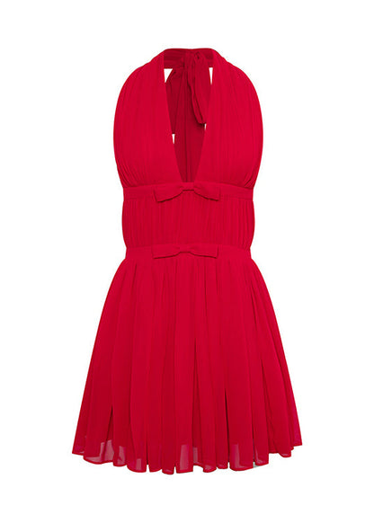 2025 Summer New Chiffon Halter Vneck Bow Red Dresses