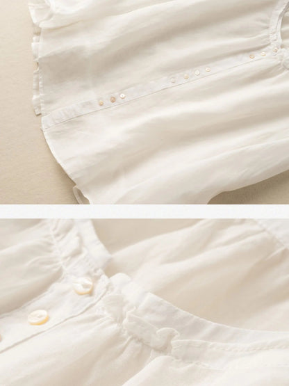 Pure Color Crew Neck Long Sleeve Casual Linen Top