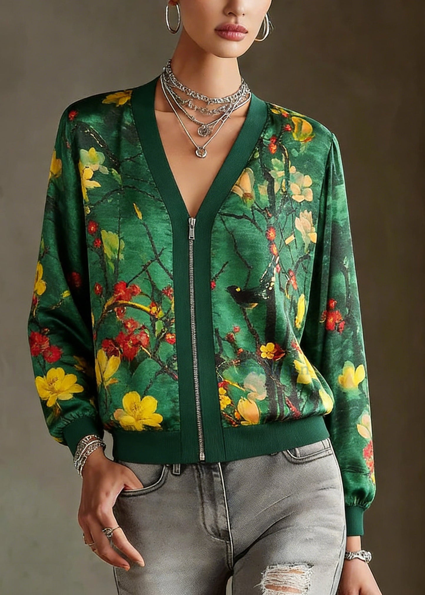 2026 Green O-Neck Print Zip Up Silk Coats Long Sleeve