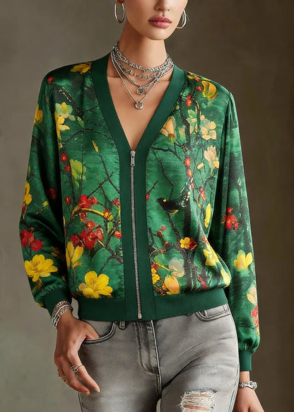 2026 Green O-Neck Print Zip Up Silk Coats Long Sleeve