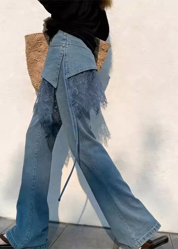 2026 New Blue High Waist Lace Patchwork Straight Jeans Summer