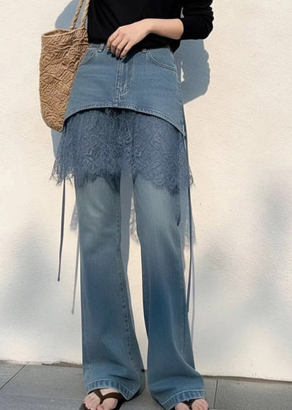 2026 New Blue High Waist Lace Patchwork Straight Jeans Summer