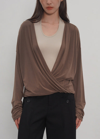 2026 New Grey Fake Two-Piece Spliced Neck Hanging Long Sleeved T-Shirt Top