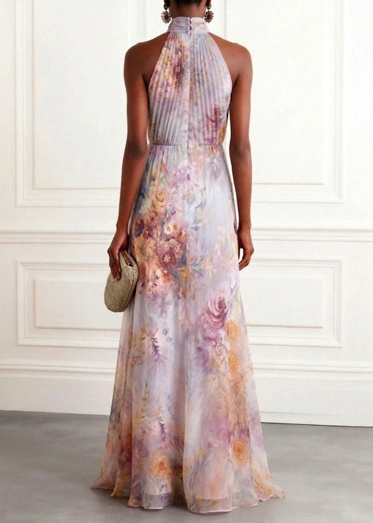 2026 New Hanging Neck Print Chiffon Long Dresses Sleeveless