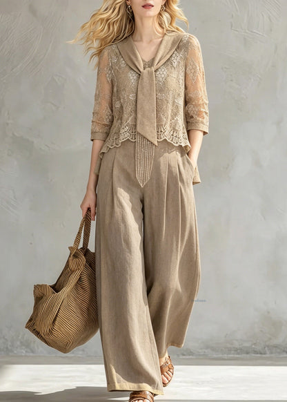 2026 New Khaki Bow Lace Top And Wide Leg Pants Two Pieces Set Half Sleeve