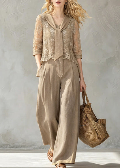 2026 New Khaki Bow Lace Top And Wide Leg Pants Two Pieces Set Half Sleeve