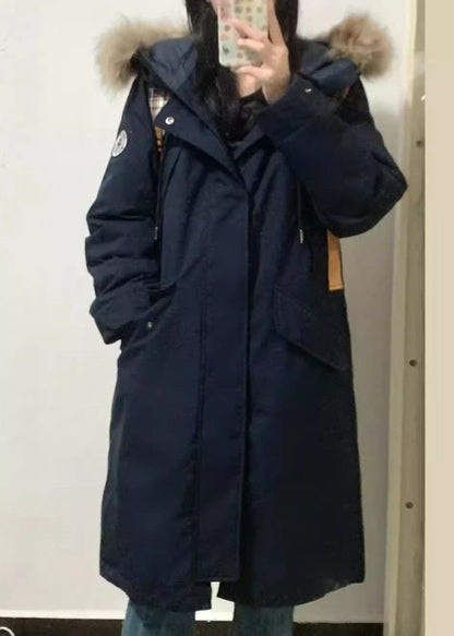 2026 New Navy Blue Patchwork Detachable Long Parka Long Sleeve