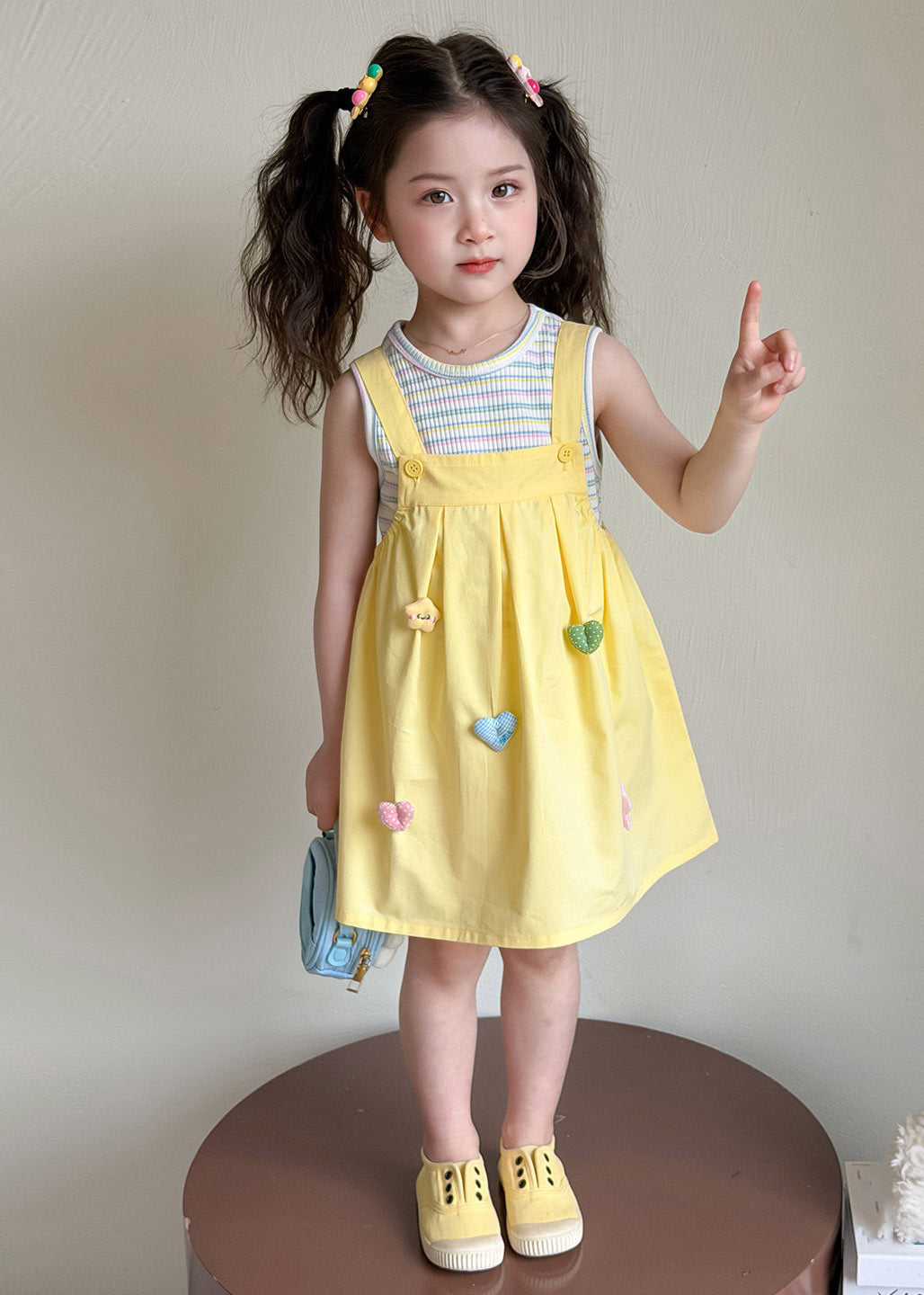 2026 New Yellow Patchwork Kids Top And Long Dress Two Pieces Set Sleeveless