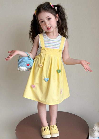2026 New Yellow Patchwork Kids Top And Long Dress Two Pieces Set Sleeveless