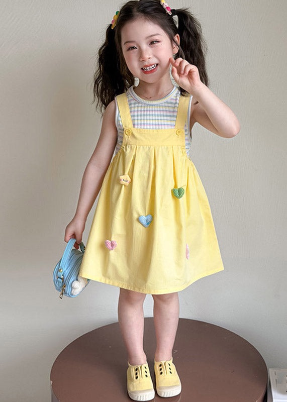 2026 New Yellow Patchwork Kids Top And Long Dress Two Pieces Set Sleeveless