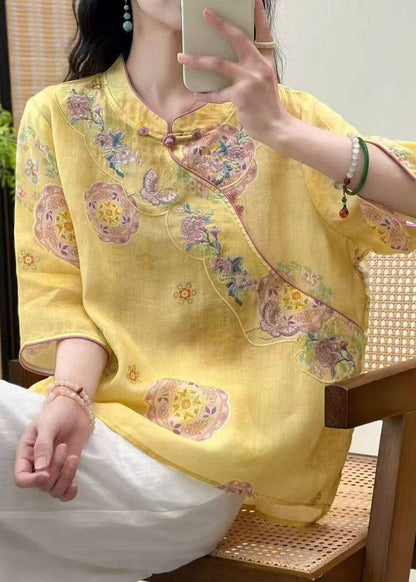 2026 Yellow Stand Collar Patchwork Linen Top Three Quarter Sleeve