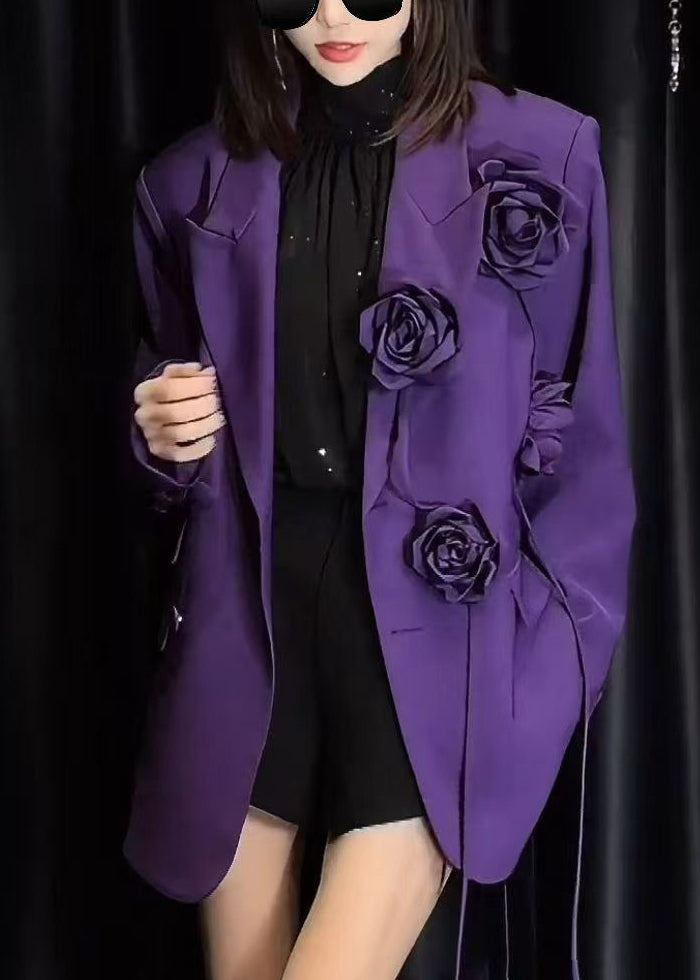 Floral Purple Peter Pan Collar Button Spandex Coats Spring