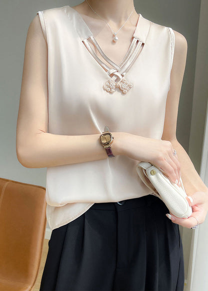 Stylish Champagne Color Nail Bead Solid Silk Tank Summer