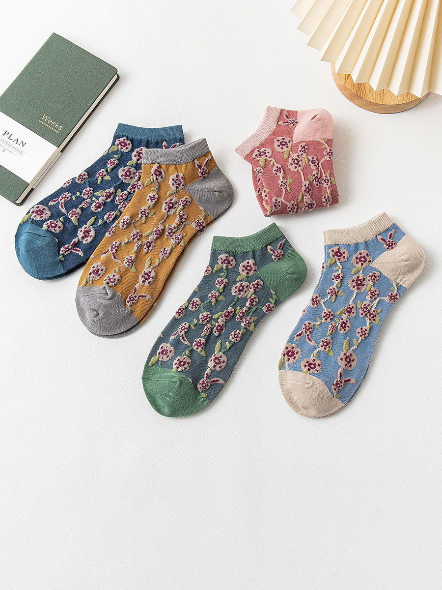 5 Pairs Women Pure Cotton Floral Vintage Boat Socks