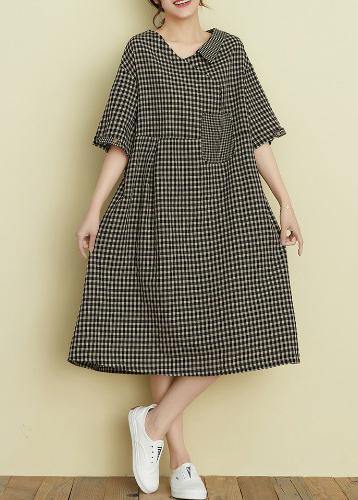 Classy v neck patchwork linen summer clothes For Women Tutorials black plaid Dress