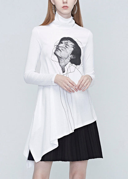 Natural White Turtleneck Belle Print Wrinkled Tops Fall