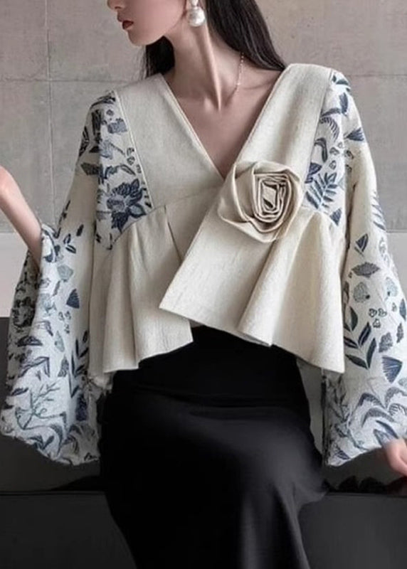 Natural Colorblock V Neck Print Patchwork Floral Tops Flare Sleeve