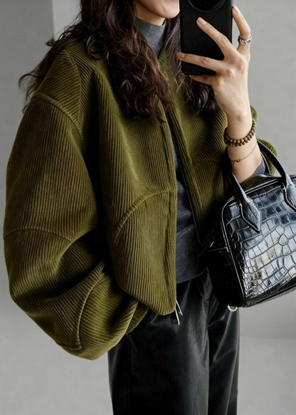 Plus Size Tea Green Oversized Pockets Corduroy Coat Spring