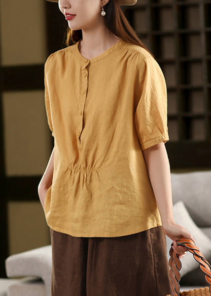 Women Yellow O Neck Wrinkled Linen Shirt Summer