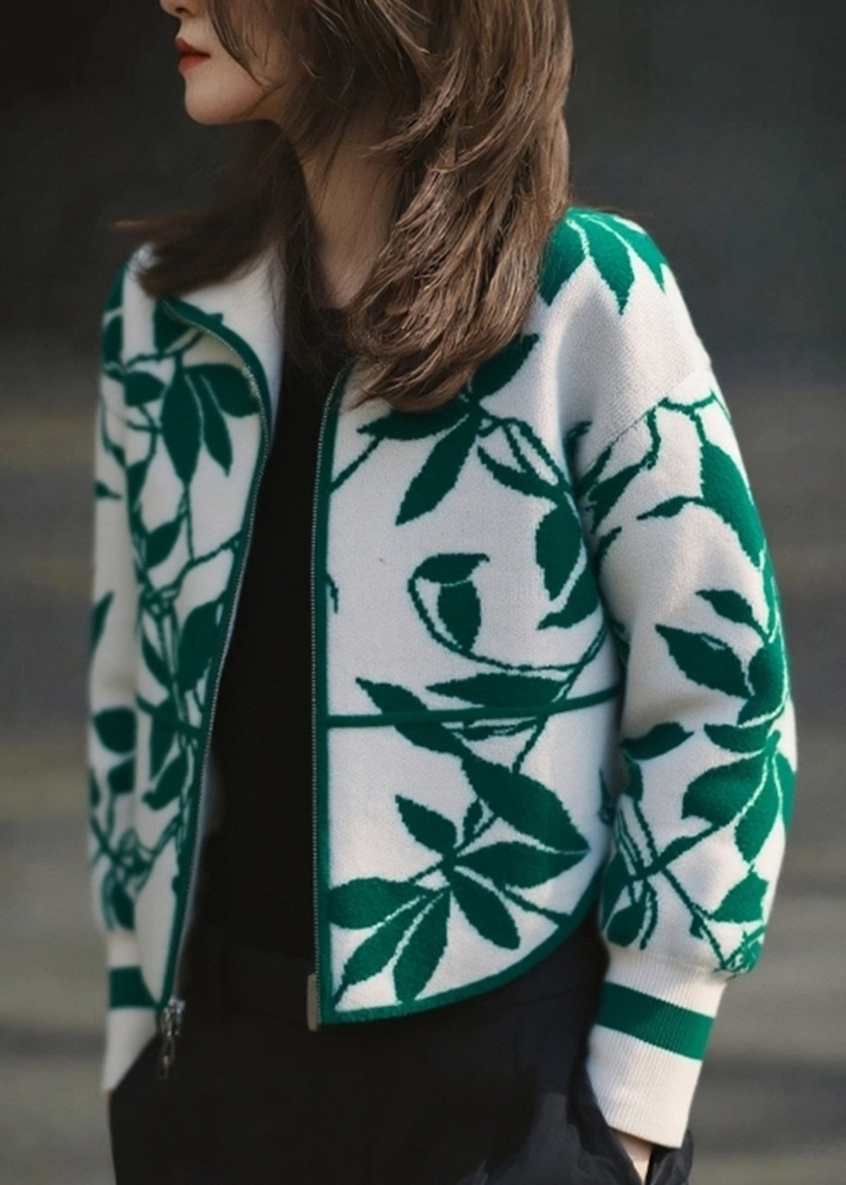 Vintage Green Zippered Patchwork Cotton Knit Cardigans Fall