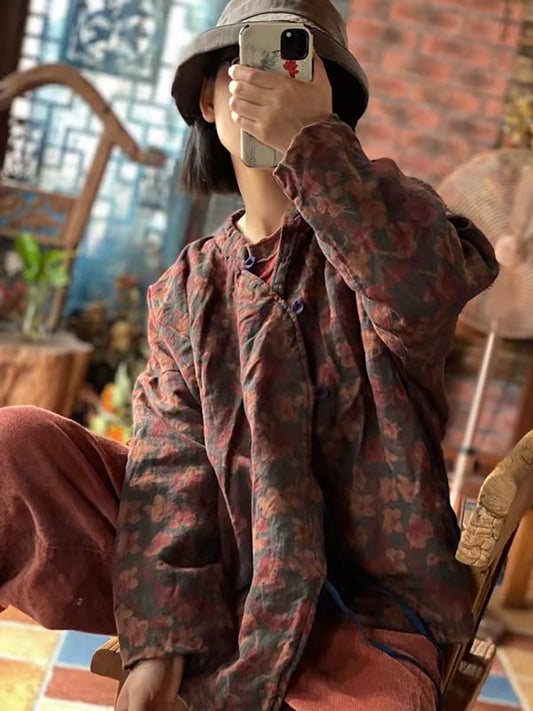 Women Stand Collar Print Pure Linen Vintage Loose Padded Coat