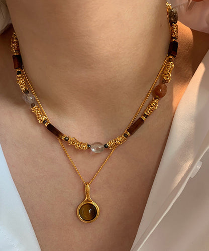 Vintage Gold Copper Overgild Tiger's-Eye Beads Two-Piece Set Pendant Necklace