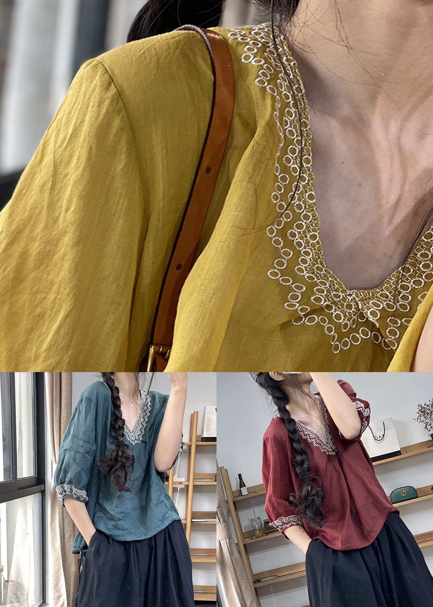 New Blue Embroidered Solid Linen Blouses Summer