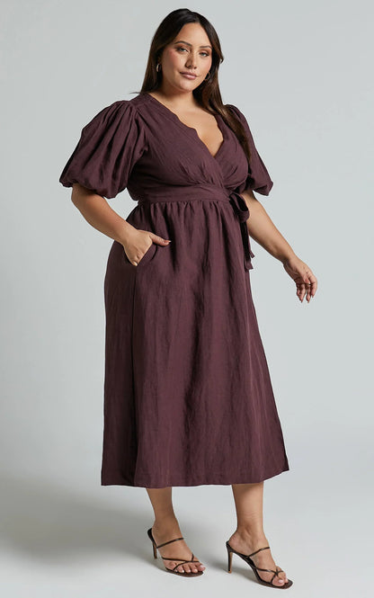 Amalie The Label - Franc Linen Puff Sleeve Wrap Midi Linen Dress
