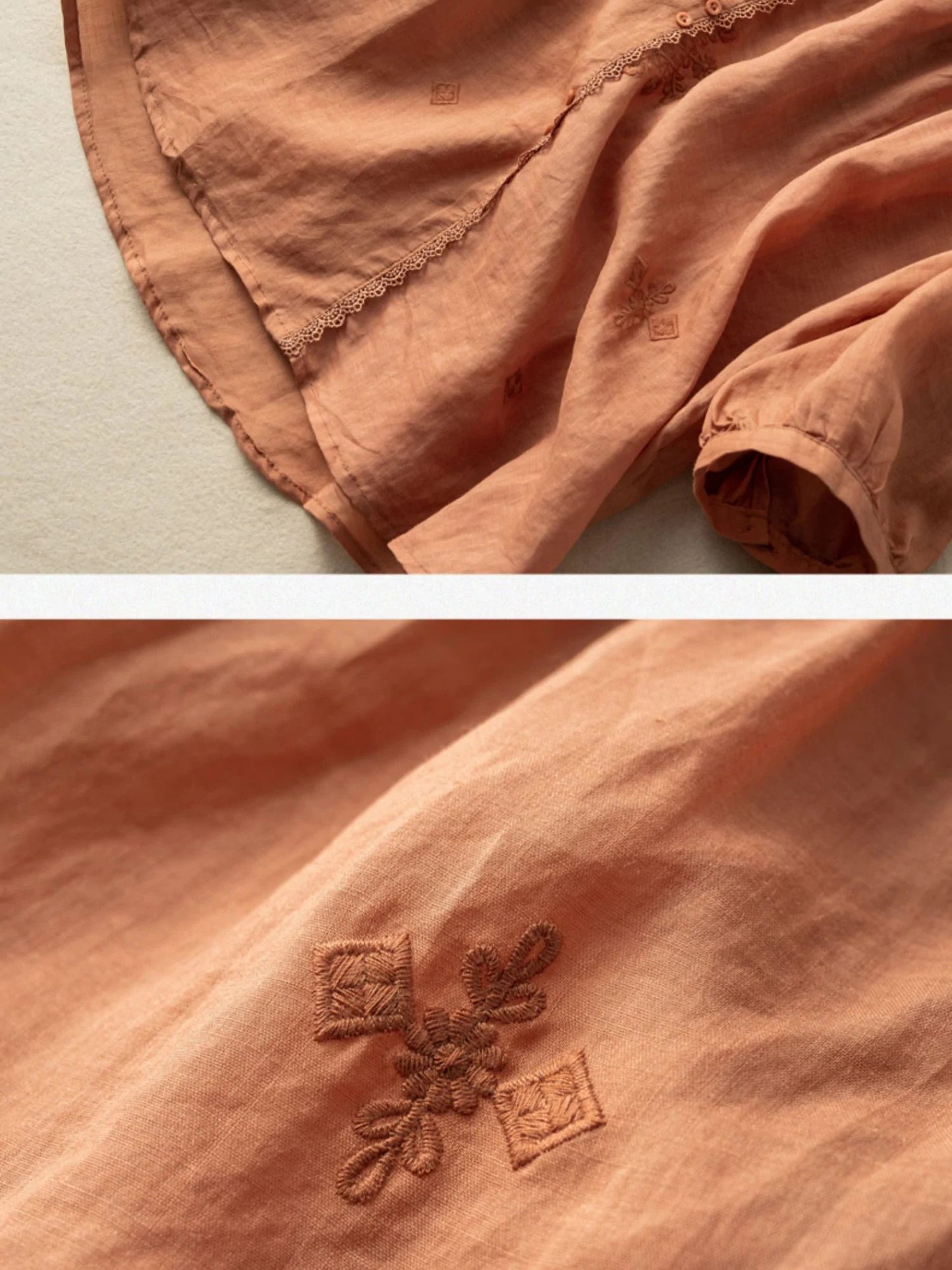 Embroidered V Neck 3/4 Sleeve Casual Linen Shirt Top