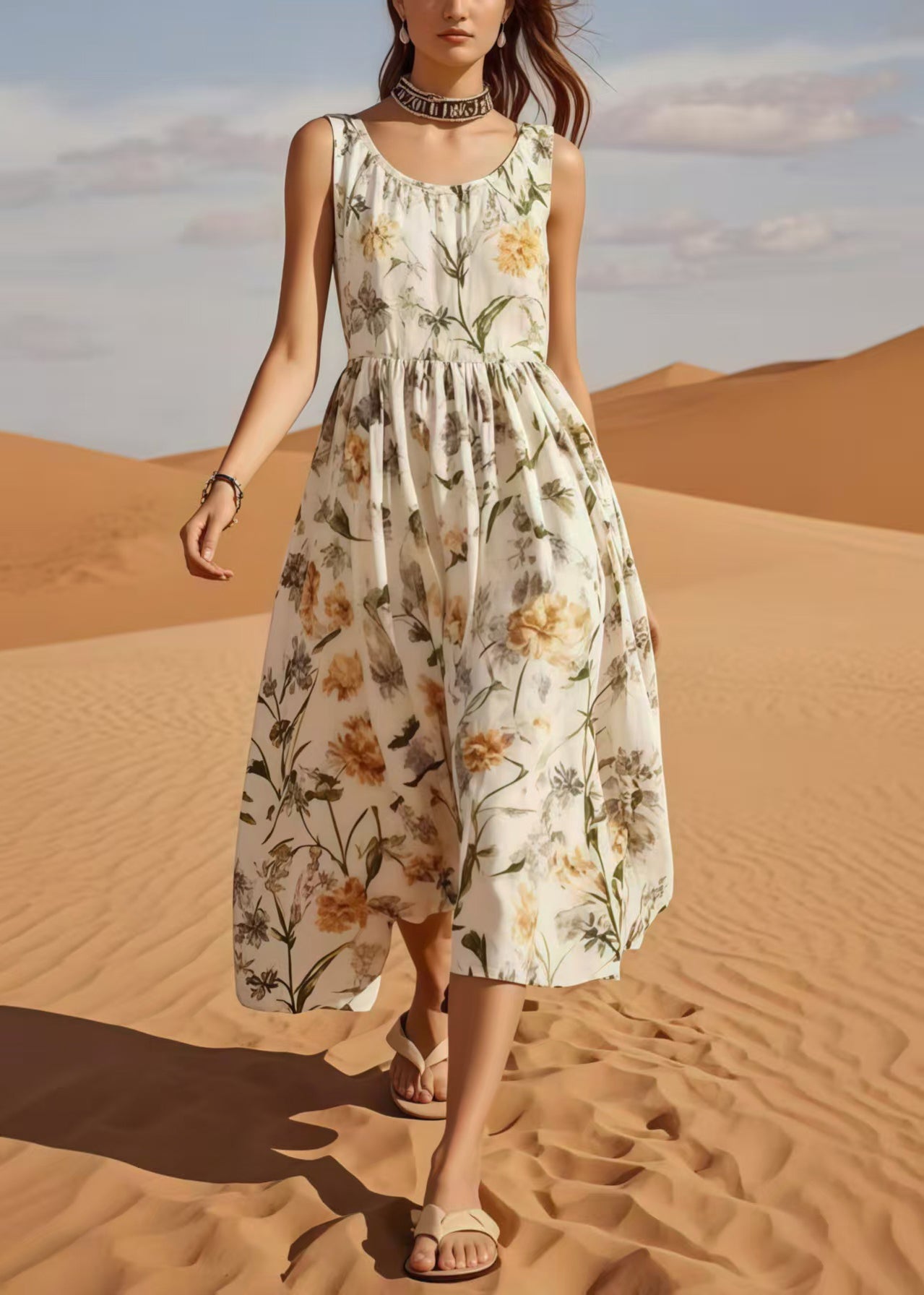 Organic White O-Neck Print Cotton Maxi Dress Summer