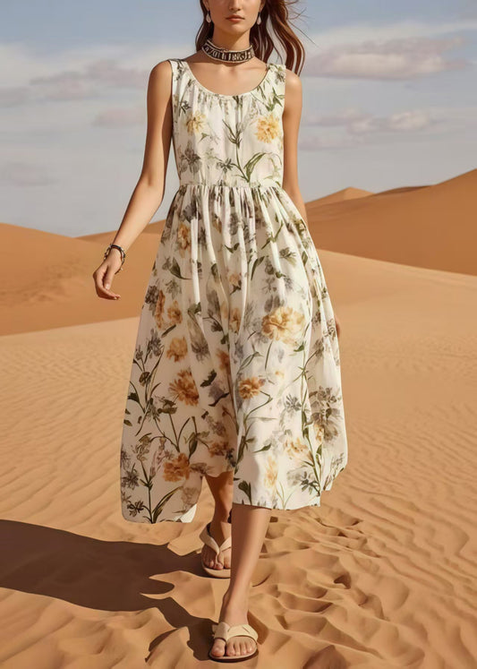 Organic White O-Neck Print Cotton Maxi Dress Summer
