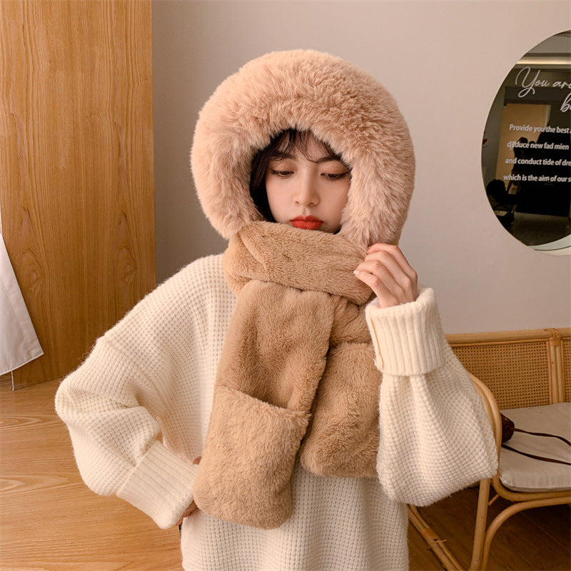 Women Winter Solid Plush Scarf Warm Hat