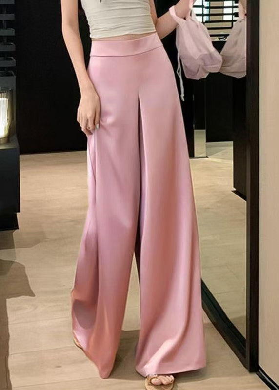 Simple Pink Solid High Waist Silk Wide Leg Pants Summer