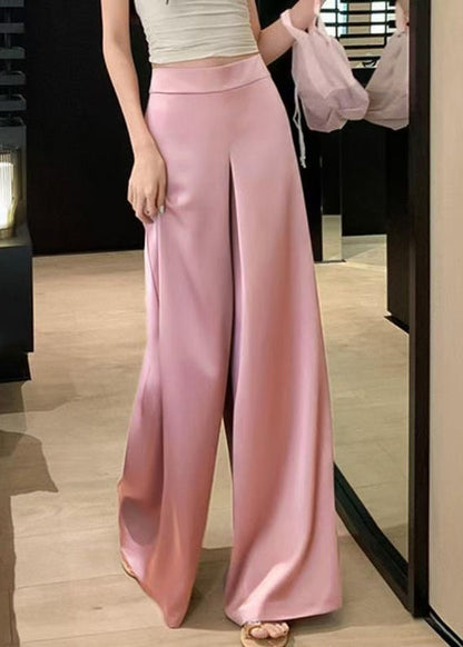 Simple Pink Solid High Waist Silk Wide Leg Pants Summer