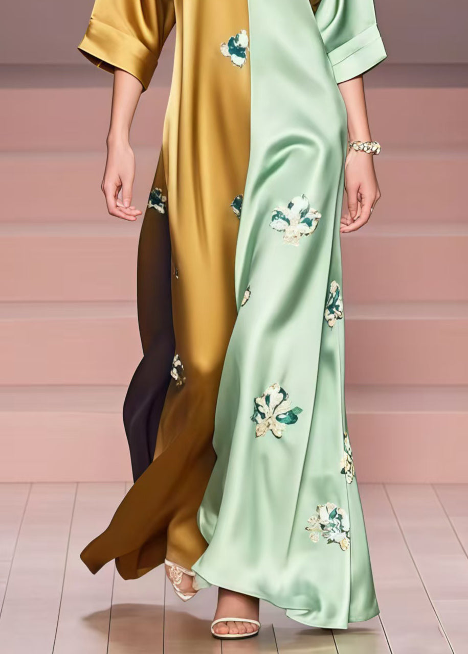 Plus Size Colorblock Print Patchwork Silk Ankle Dress Summer