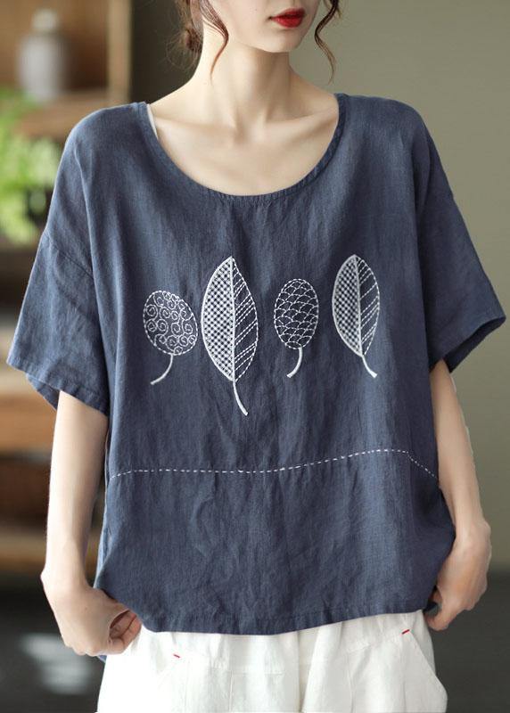 French Red Summer O-Neck Embroideried Linen Half Sleeve T Shirt