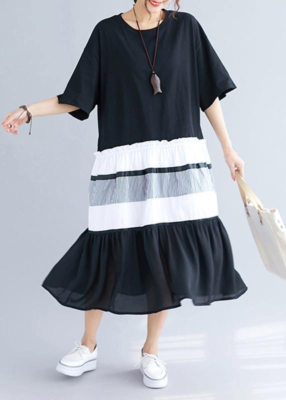 Elegant black patchwork cotton tunics for women o neck long summer Dress