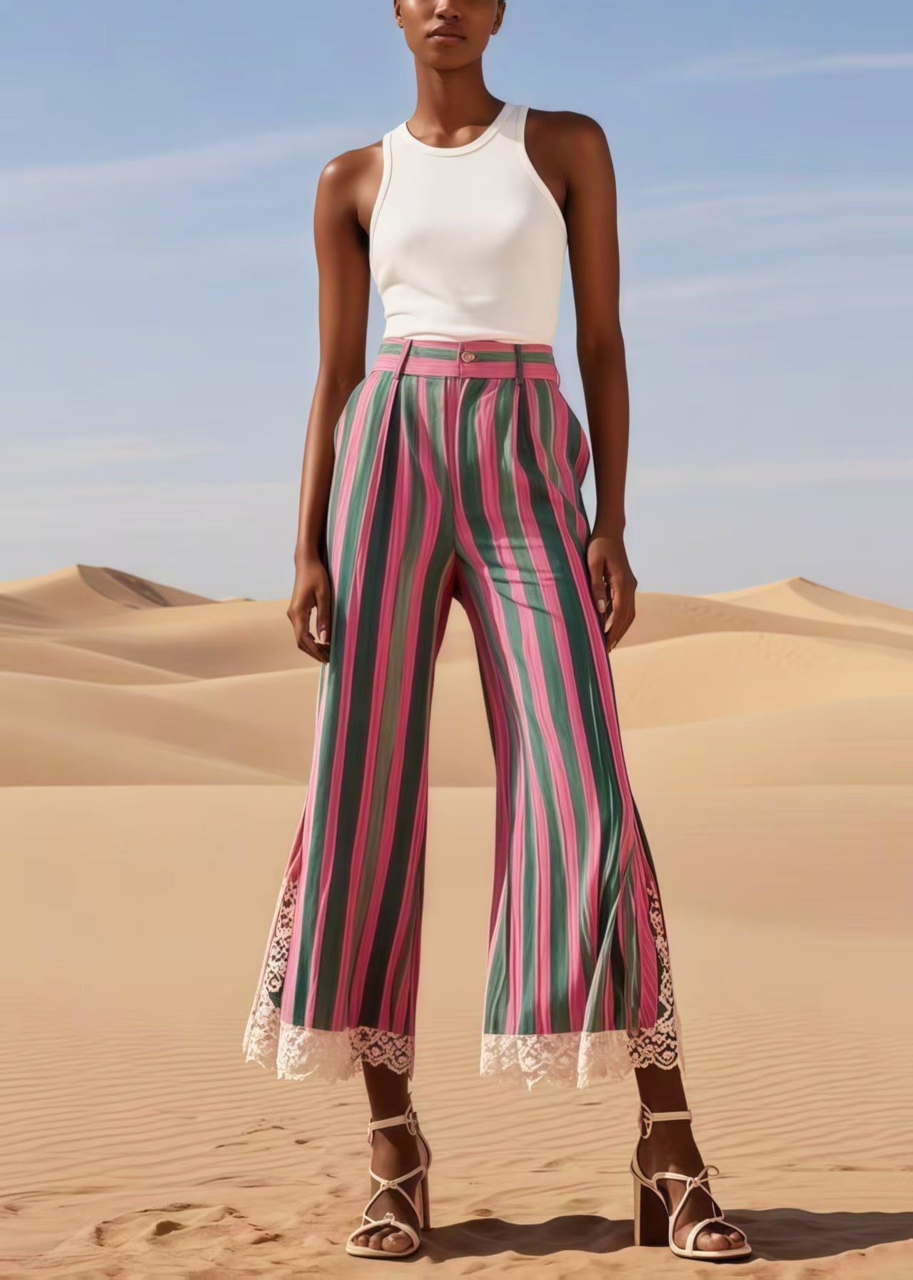 Boho Colorblock Striped Patchwork Lace Bell-bottom Trousers Summer