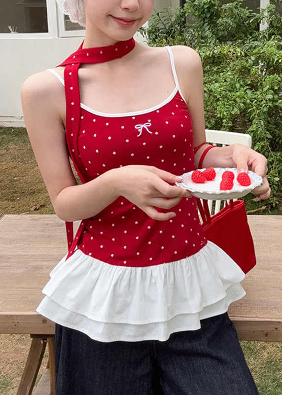 Cute Red Dot Ruffled Patchwork Wrinkled Tank Summer