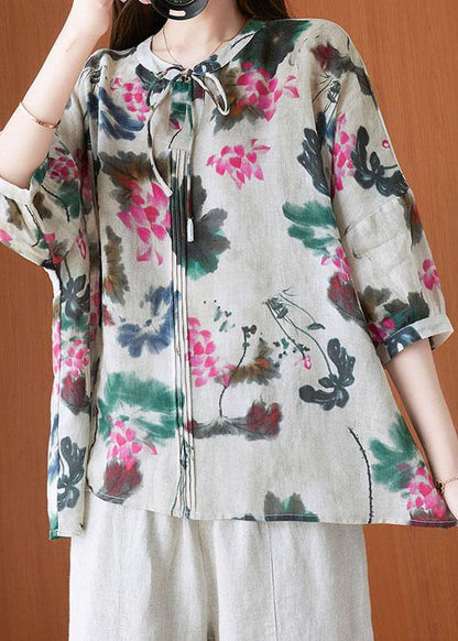 Stylish Beige Print tie Shirts Summer Cotton