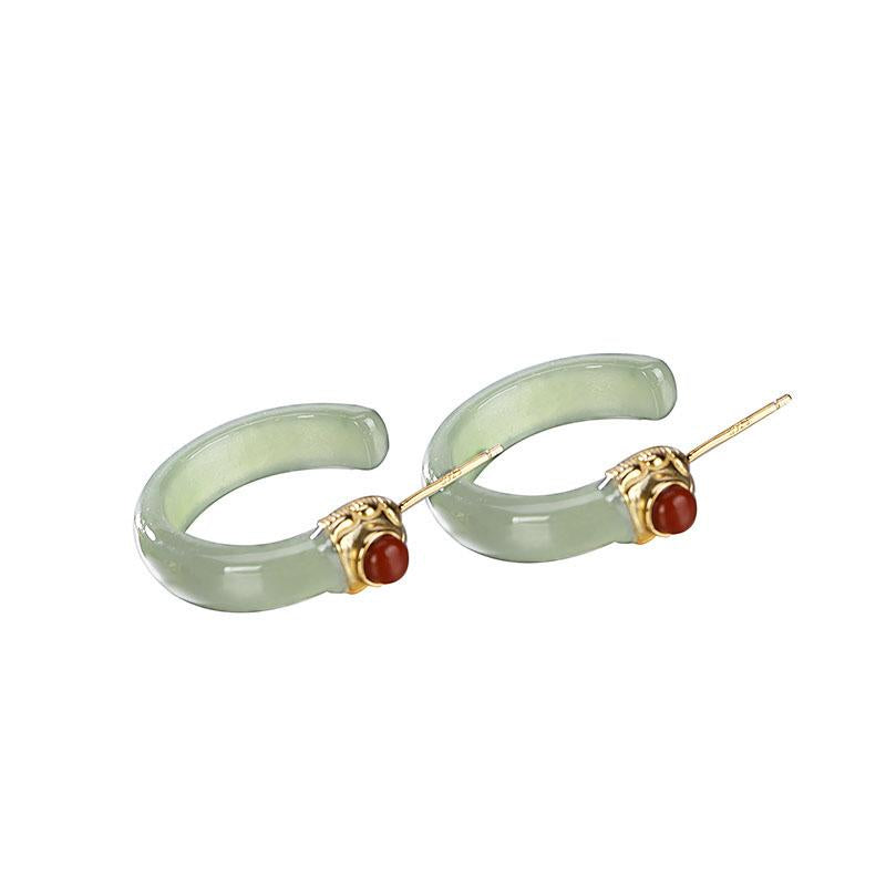 Women Retro Jade Inlaid Silver Earrings Studs