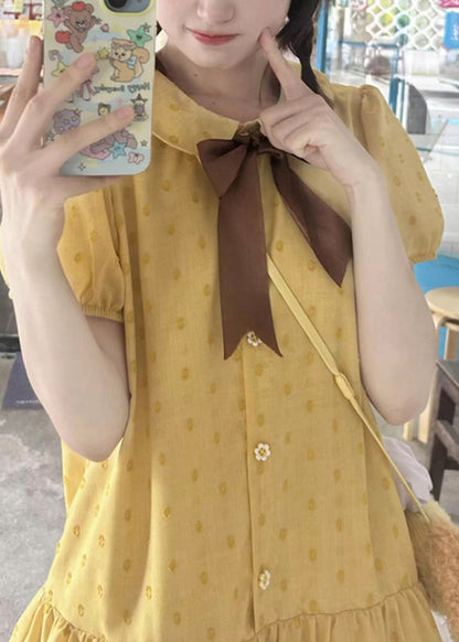 Cute Yellow Ruffled Patchwork Cotton Mid Dresses Summer