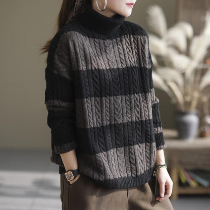 Winter Thick Stripe Turtleneck Loose Retro Sweater